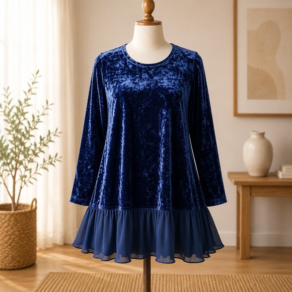 LOGO Lori Goldstein Tops - LOGO Lori Goldstein Velvet Tunic 2X Blue Chiffon Trim Ruffle Hem Long Sleeve